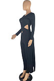 Black Modest New Women Long Sleeve Round Neck Cross Hollow Out Cape Tops Bodycon Trousers Solid Color Sets LWW9323-1
