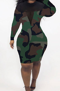 Camouflage Mesh See-Through Spliced Long Sleeve Collect Waist Bodycon Dress LMM8284-2