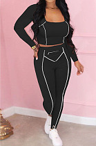 Black Fashion Stripe Spliced Long Sleeve Square Neck Bodycon Tops Pencli Pants Sets MD383-1