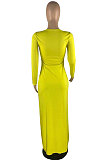 Yellow Modest New Women Long Sleeve Round Neck Cross Hollow Out Cape Tops Bodycon Trousers Solid Color Sets LWW9323-3