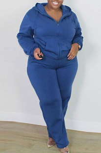Blue New Big Yards Long Sleeve Zip Front Coat Trousers Solid Color Sports Sets HG150-5