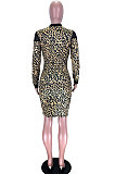 Leopard Print Mesh See-Through Spliced Long Sleeve Collect Waist Bodycon Dress LMM8284-1