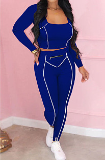 Blue Fashion Stripe Spliced Long Sleeve Square Neck Bodycon Tops Pencli Pants Sets MD383-4