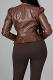 Brown Fashion New Flocking Leather Long Sleeve V Collar Front Button Collect Waist Tops LWW9326-2