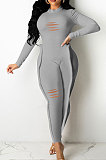 Orange Wholesale Women's Long Sleeve O Neck Hole Slim Fitting Lock Seam Bodycon Jumpsuits SDE29132-1