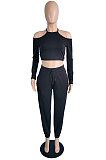 Black Sexy Pure Color Off Shoulder Long Sleeve Crop Tops Trousers Casual Sets MK063-1