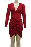 Wine Red Night Club Sexy Long Sleeve V Neck Collect Waist Slim Fitting Ruffle Hip Dress SMR10155-4