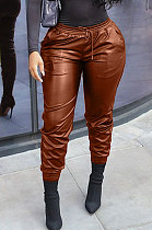 Brown New Pure Color Elasticband Leather Pants CL6100-4