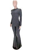 Peacock Blue Fashion Stripe Bright Side Long Sleeve O Neck Collect  Waist Plain Color Flare Jumpsuits CL6039-3