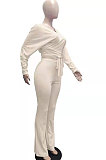 White Fashion Pure Color Ribber Loose Bowknot Casual Pants Sets AMN8029-1