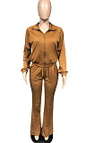 Apricot Casual Solid Color Long Sleeve Zipper Loose Coat Mid Waist Flare Pants Sports Sets WA7115-2