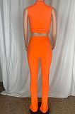 Orange Cottton Blend Sleeveless Crop Tips Ruffle Pants Solid Color Sets CL6107-3
