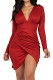 Wine Red Night Club Sexy Long Sleeve V Neck Collect Waist Slim Fitting Ruffle Hip Dress SMR10155-4