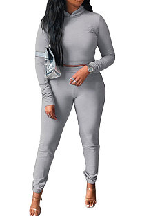 Gray Women Pure Color Long Sleeve Hoodede Tops Bodycon Pants Sets ANK06029-2