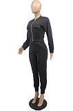 Black Simple Women's Long Sleeve Zip Front Coat Trousers Solid Color Sports Sets MTY6609-1