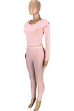 Pink New Women's Ribber Elastic Long Sleeve Round Neck Tops Pencil Pants Plain Color Sets SM9211-1