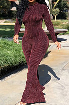 Red Fashion Stripe Bright Side Long Sleeve O Neck Collect  Waist Plain Color Flare Jumpsuits CL6039-4
