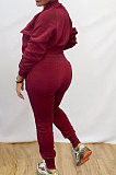 Wine Red Simple Women's Long Sleeve Zip Front Coat Trousers Solid Color Sports Sets MTY6609-3