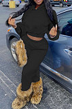 Black Euramerican Women Fashion Pure Color Velvet Hoodde Fleece Pants Sets AA5285-4