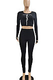 Black Woemn Solid Color Long Sleeve Printing Tight Pants Sets AMN8031-1