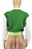 Green Women Autumn Winter Fashion Snap Fastener Double Ribber Baseball Uniform Bodycon Jacket AA5273-1