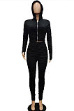 Black Women Fashion Pure Color Ribber Ruffle Zipper Hooded Casual Pants Sets AMN8032-1