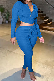 Blue Women Fashion Pure Color Ribber Ruffle Zipper Hooded Casual Pants Sets AMN8032-3