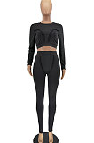 Black Women Fashion Bodycon Long Sleeve Round Collar Solid Color Pants Sets AA5284-1