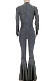 Grey Black Fashion Stripe Bright Side Long Sleeve O Neck Collect  Waist Plain Color Flare Jumpsuits CL6039-2