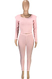 Pink New Women's Ribber Elastic Long Sleeve Round Neck Tops Pencil Pants Plain Color Sets SM9211-1