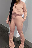 Coffee Casual Solid Color Long Sleeve Zipper Loose Coat Mid Waist Flare Pants Sports Sets WA7115-1