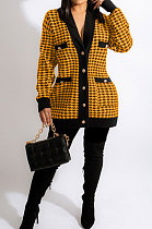 Yellow Fashion Plaid Printing Long Sleeve V Neck Single-Breasted Cardigan Coat SM9212-1