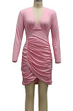 Pink Night Club Sexy Long Sleeve V Neck Collect Waist Slim Fitting Ruffle Hip Dress SMR10155-2