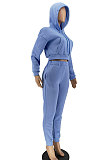 Blue Euramerican Women Fashion Pure Color Velvet Hoodde Fleece Pants Sets AA5285-1