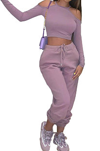 Pink Purple Sexy Pure Color Off Shoulder Long Sleeve Crop Tops Trousers Casual Sets MK063-2