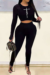 Black Woemn Solid Color Long Sleeve Printing Tight Pants Sets AMN8031-1