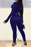 Dark Blue Woemn Solid Color Long Sleeve Printing Tight Pants Sets AMN8031-4