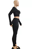 Khaki Woemn Solid Color Long Sleeve Printing Tight Pants Sets AMN8031-2