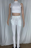 White Cottton Blend Sleeveless Crop Tips Ruffle Pants Solid Color Sets CL6107-2