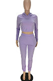 Purple Women Pure Color Long Sleeve Hoodede Tops Bodycon Pants Sets ANK06029-1