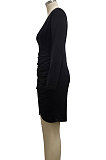 Black Night Club Sexy Long Sleeve V Neck Collect Waist Slim Fitting Ruffle Hip Dress SMR10155-5