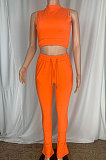 Orange Cottton Blend Sleeveless Crop Tips Ruffle Pants Solid Color Sets CL6107-3