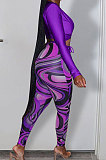 Purple Sexy Club Long Sleeve Low-Cut  Bandage Crop Tops Printing Skinny Pants Sets S66317-6
