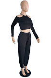 Black Sexy Pure Color Off Shoulder Long Sleeve Crop Tops Trousers Casual Sets MK063-1