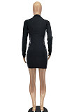 Black Women Long Sleeve Zipper Trendy Paisley Printing Mid Waist Mini Dress AA5282-1