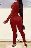 Drak Red Woemn Solid Color Long Sleeve Printing Tight Pants Sets AMN8031-3