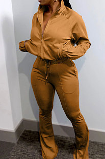 Coffee Casual Solid Color Long Sleeve Zipper Loose Coat Mid Waist Flare Pants Sports Sets WA7115-1