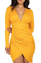 Yellow Night Club Sexy Long Sleeve V Neck Collect Waist Slim Fitting Ruffle Hip Dress SMR10155-3