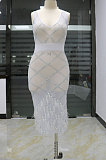 White Women Mesh Spaghetti Hot Drilling Chicken Feather Perspectivity Sexy V Collar Sleeveless Mid Dress CCY8105-1