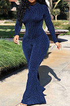Peacock Blue Fashion Stripe Bright Side Long Sleeve O Neck Collect  Waist Plain Color Flare Jumpsuits CL6039-3